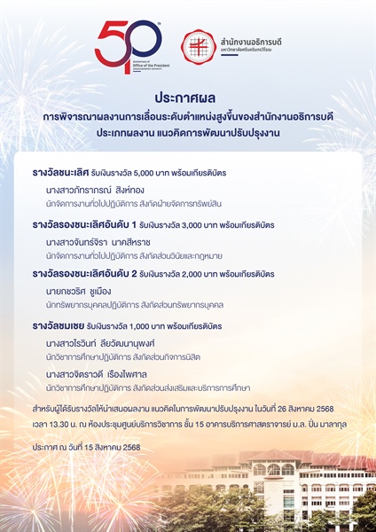 ประกาศผล : การพิจารณาผลงานการเลื่อนระดับตำแหน่งสูงขึ้นของสำนักงานอธิการบดี ประเภทผลงาน แนวคิดการพัฒนาปรับปรุงงาน